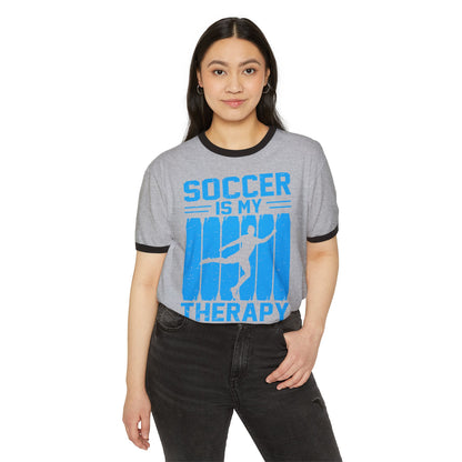 Soccer Therapy Unisex Cotton Ringer T-Shirt - Casual Tee for Athletes, Soccer Lovers, Sports Fans, Workout Gift, Fitness Apparel
